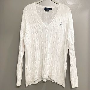 White Ralph Lauren V-Neck Cable Knit Sweater